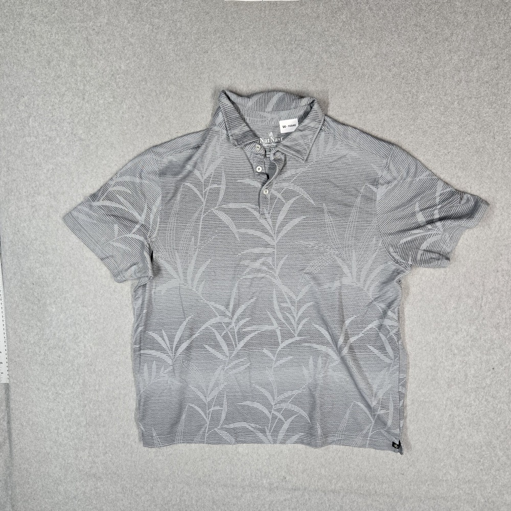 Nat Nast Men Polo XL Gray Floral Hawaiian Shirt Button Short Sleeve Stretch